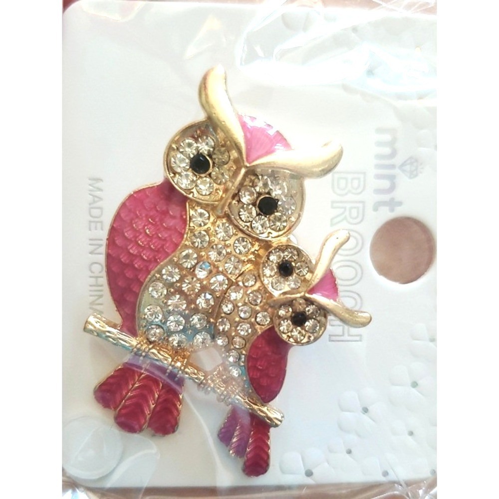 Mint Brooch Gold and Pink Owl Pin with Crystal Accents NWT NIB